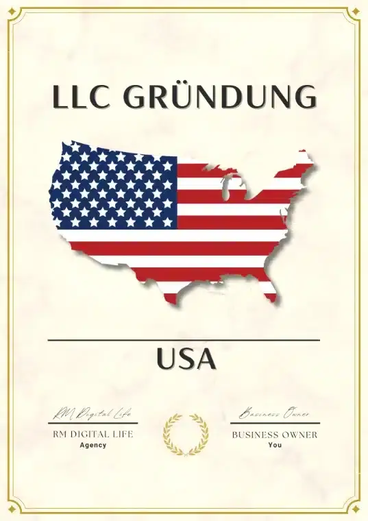 Gold umrahmtes Zertifikat US LLC Gründung mit US Flagge in Form des Umrisses von den vereinigten Staaten von Amerika